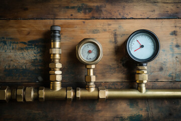 Old copper and brass plumbing pipes with a pressure gauge on a plumber workbench background...