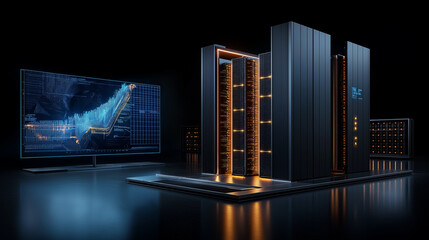 Futuristic data center with advanced technology and digital displays
