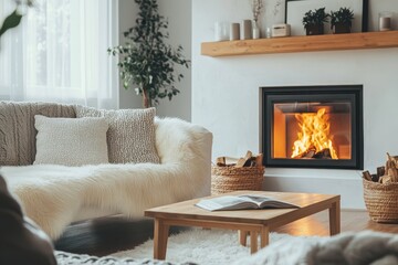 Fototapeta premium Cozy living room with a fireplace and a comfortable sofa.