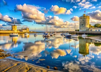Naklejka premium Serene Low Tide at the Entrance of La Rochelle Port, Capturing the Tranquility of the Seascape with Sandy Shores and Coastal Reflections in Soft Natural Light