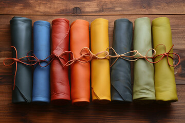 Rolls of multicolored leather on the old leatherworker table background...