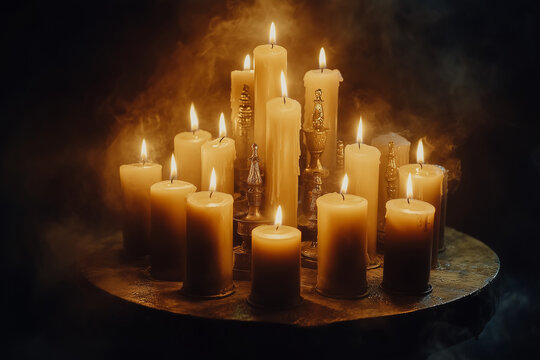 Many burning candles on a bronze altar background..