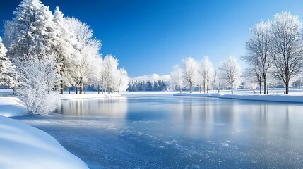 A vast frozen lake surrounded by snow-covered trees under a clear blue winter sky, emphasizing outdoor beauty. 