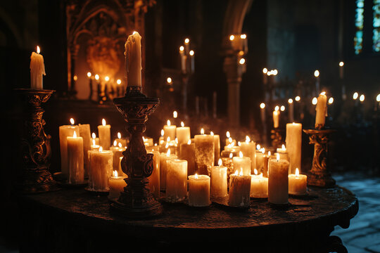 Many burning candles on a bronze altar background..