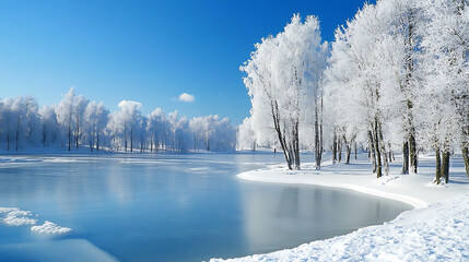 A vast frozen lake surrounded by snow-covered trees under a clear blue winter sky, emphasizing outdoor beauty. 