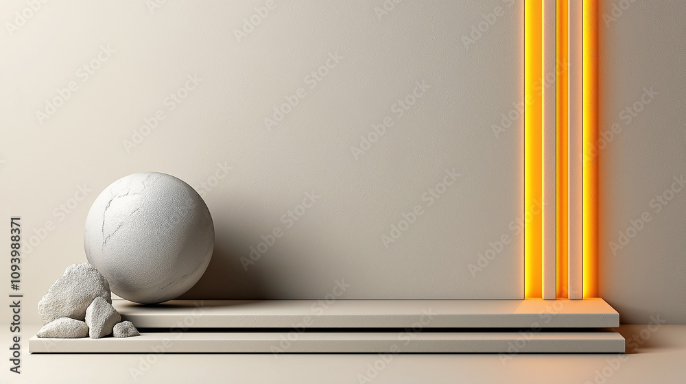 Poster minimalist composition featuring silver sphere and glowing lines