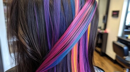 A client having their hair dyed with vibrant fashion colors, such as bold purples and blues, using a precise technique to create a striking and edgy multi-tone effect