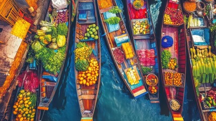 Fototapeta premium A vibrant shot of a floating market in Thailand with colorful boats filled