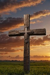 Christian Cross on the field with sunset sky background, ai