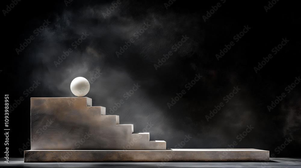Poster white sphere rests on textured gray staircase, creating serene scene
