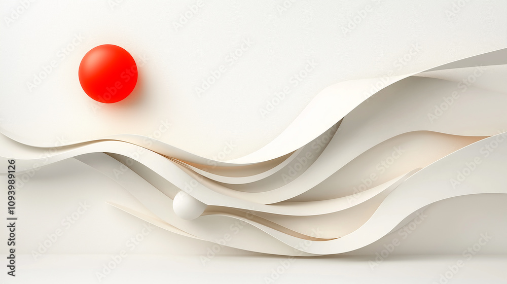 Poster subtle abstract design featuring flowing white shapes and red sphere