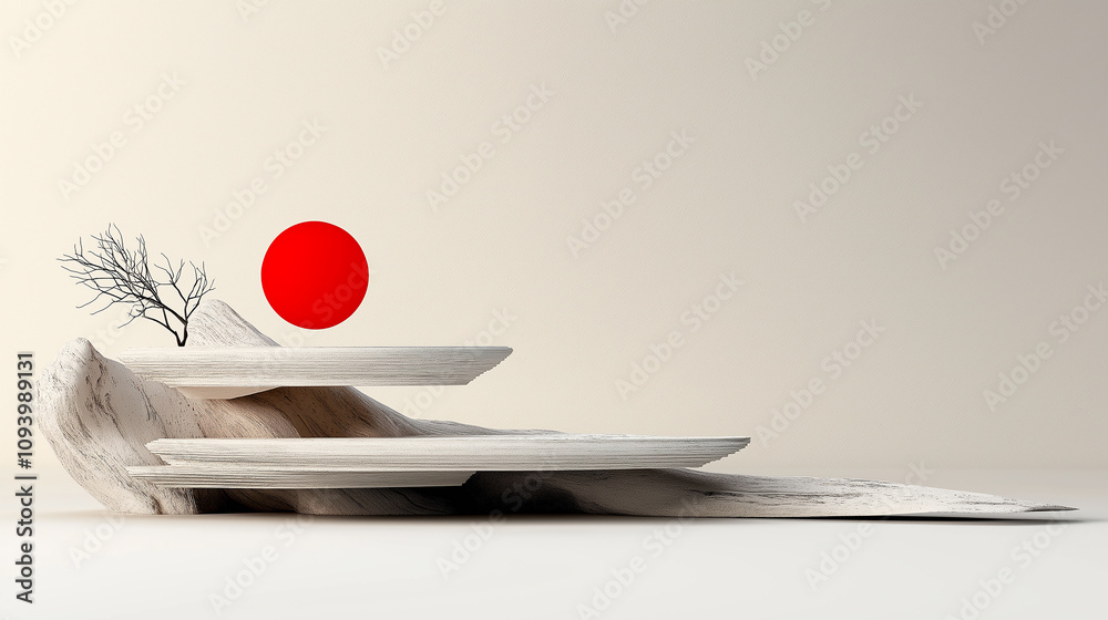 Poster subtle abstract design featuring red circle and minimalist shapes