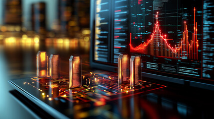 Advanced energy storage facility with data visualization and skyscrapers