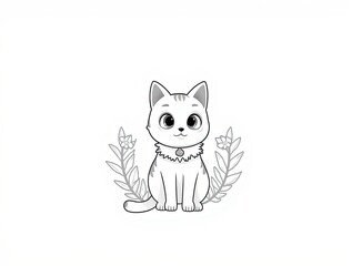 Fototapeta premium Adorable Gray Kitten with Big Eyes Sitting Amidst Delicate Floral Branches: A Charming Monochromatic Illustration