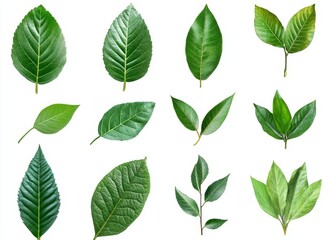 A collection of twelve green leaves, isolated on a white background. The leaves are various shapes and sizes, and some have stems.