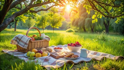 Serene Minimalist Picnic Scene with Cozy Blanket, Basket, and Nature Elements for Romantic Outdoor Experience