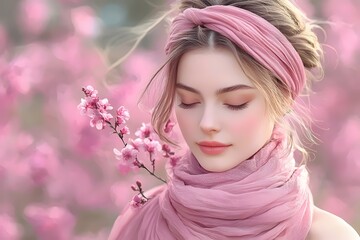 Fototapeta premium A serene young woman with fair skin and long blonde hair, wearing a pink headscarf and scarf, surrounded by blooming cherry blossoms in soft pastel shades.