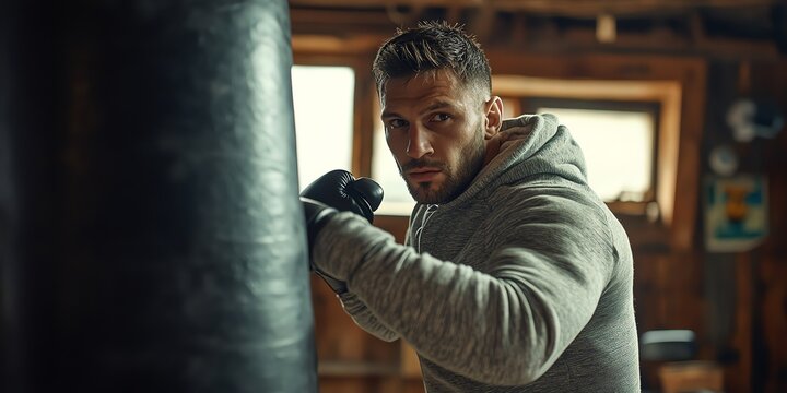 Focused male boxer training with punching bag in rustic gym.