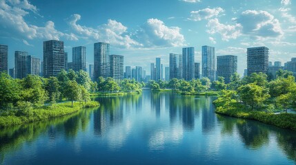 Obraz premium A serene urban landscape with modern buildings and lush greenery by a reflective lake.