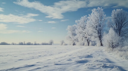 A wide-open snowy field bordered by frosted trees, capturing the pristine beauty of a winter wonderland. 