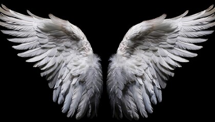 A pair of intricately detailed white angel wings on a black background.