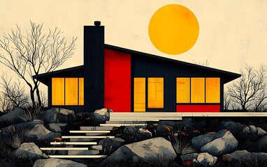 A striking modern house with bold red and black accents set against a large yellow sun. The design features large windows and natural rock landscaping, evoking a serene atmosphere.