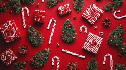 Festive Flat Lay of Candy Canes, Gifts, and Christmas Decor on Red Background