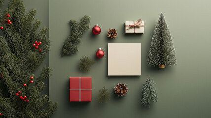 Minimalist Christmas Arrangement with Gifts and Ornaments on Green Background