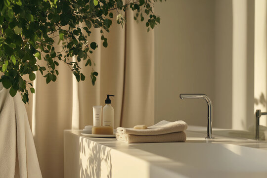 A minimalist bathroom scene with natural lighting, featuring soft beige walls and curtains