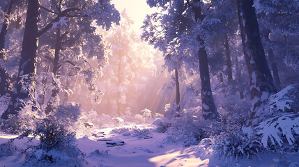 A winter wonderland featuring a dense forest blanketed in snow, with frosty branches sparkling in soft sunlight. 