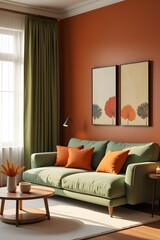 Fototapeta premium Terracotta and Olive Green Living Room Interior