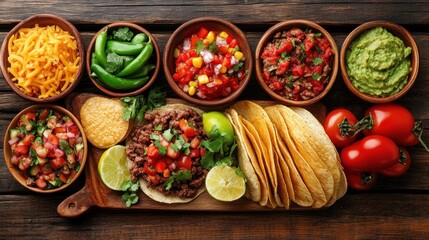 A vibrant taco spread featuring various toppings and sides for a festive meal.