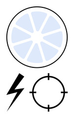 Citrus slice, lightning bolt, and target symbol evoke themes of energy, vitality, and precision. Ideal for health, fitness, marketing electrical industry goal setting targeting strategies. Line