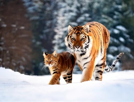 A cat walks with a siberian tiger in a snowy forest