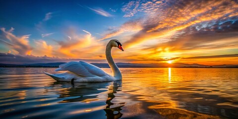 Fototapeta premium Serene Silhouette of a Swan Gliding Across the Tranquil Waters of Lake Constance During a Stunning Sunset, Capturing the Essence of Nature's Beauty and Peacefulness