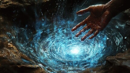 Fototapeta premium A hand reaches towards a swirling, luminous blue vortex, suggesting mystery and exploration.