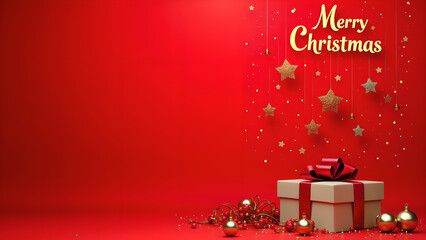 Christmas gift box with red background. Concept of celebration, joy, and holiday season.