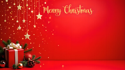 Merry Christmas Red Background with Gift and Stars. Holiday Concept.