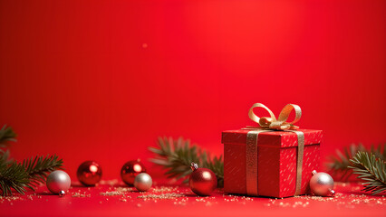 Red Christmas gift box with ornaments. Concept of celebration, joy, and winter holidays.