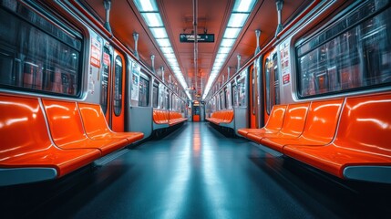 Fototapeta premium A vibrant subway interior showcasing orange seats and illuminated pathways.