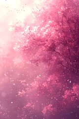 A vibrant display of pink blossoms captured in a dreamy, soft-focus setting, creating a serene and joyful spring atmosphere filled with delicate petals.