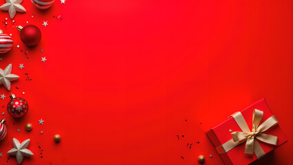 Obraz premium Christmas red background with gift box and ornaments. Concept of celebration, winter holidays, and festive season.