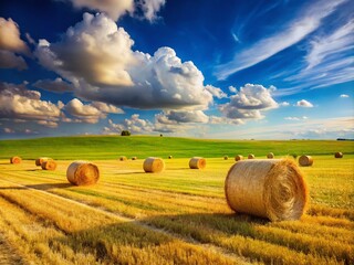 Serene Summer Country Field with Golden Hay Bales Under a Vast Blue Sky in Perfect Rule of Thirds Composition for Nature and Agriculture Themes