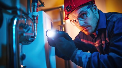 Fototapeta premium Professional engineer inspecting a home boiler, wearing safety