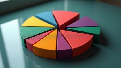 Vivid, textured pie chart slices in various colors arranged on a reflective surface, surrounded by scattered sprinkles, symbolizing data visualization, creativity, and fun design concepts.