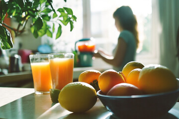 Fresh fruits and orange juice on a kitchen counter with soft lighting and person in background 