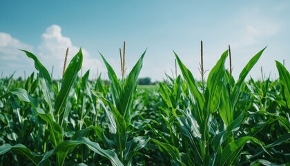 Obraz premium Lush green cornfield stretching under a bright blue sky, showcasing healthy crops in a rural agricultural setting.