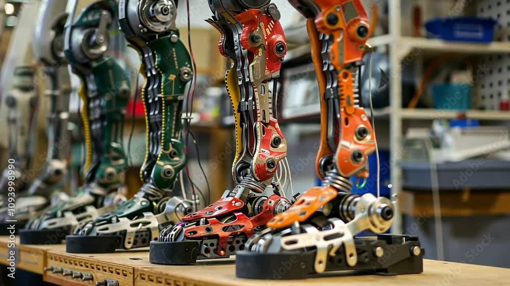 Poster A row of colorful robotic prosthetic legs stands on display in a modern workshop, highlighting intricate designs and advanced engineering.