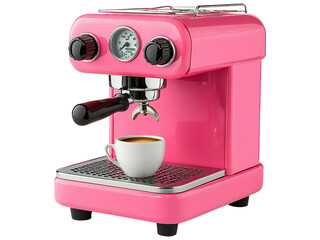 Retro Pink Espresso Machine with Coffee Cup on Countertop, Showcasing Modern Design and Vibrant Color for Coffee Lovers and Kitchen Enthusiasts