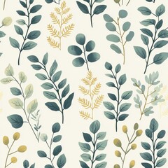 Fototapeta premium Seamless pattern of delicate ferns and small leaves on a light background